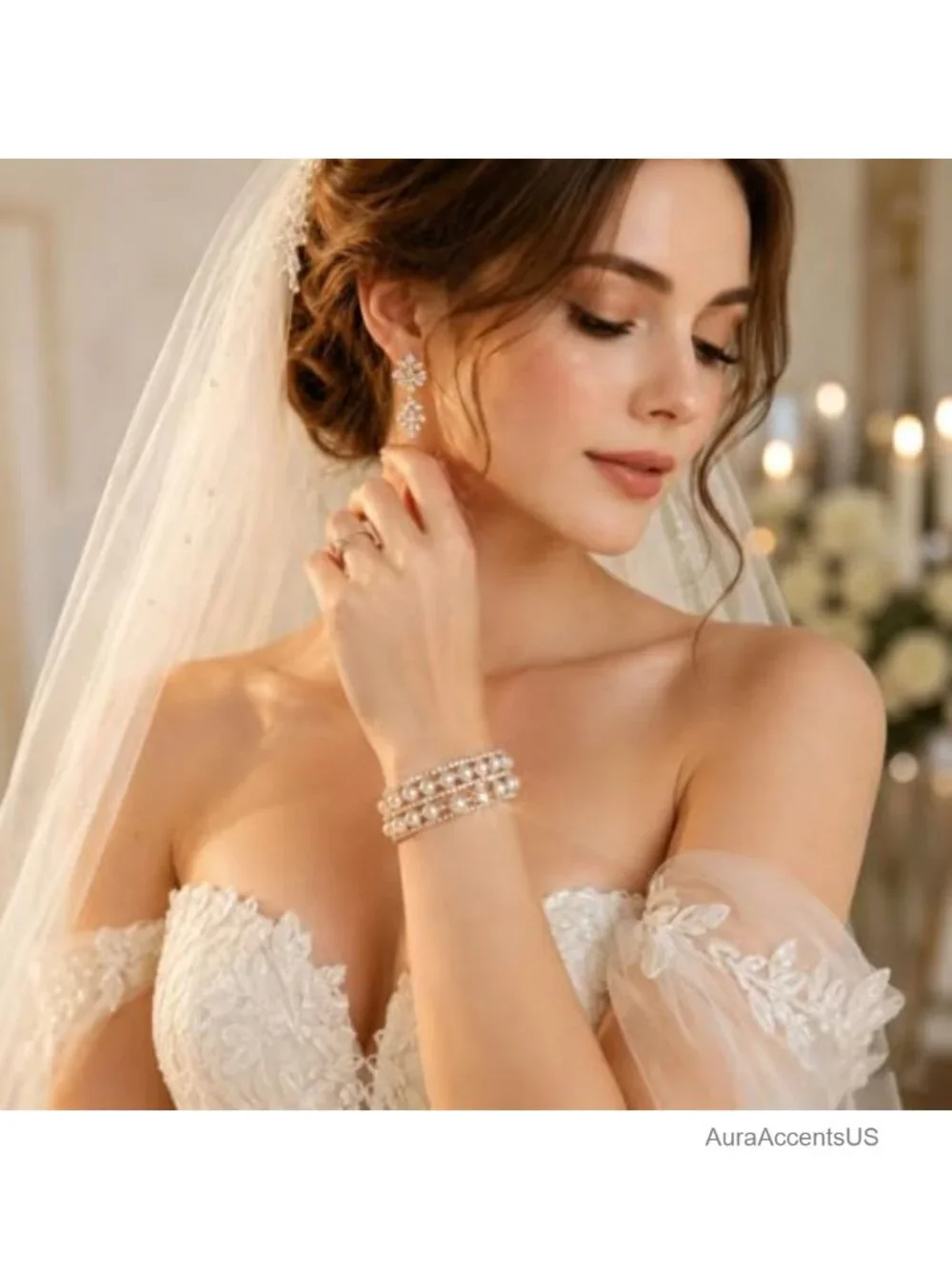 Gold Plated Rhinestone Pearl Cuff Bracelet Stretch Bangle for Women Bridal Party